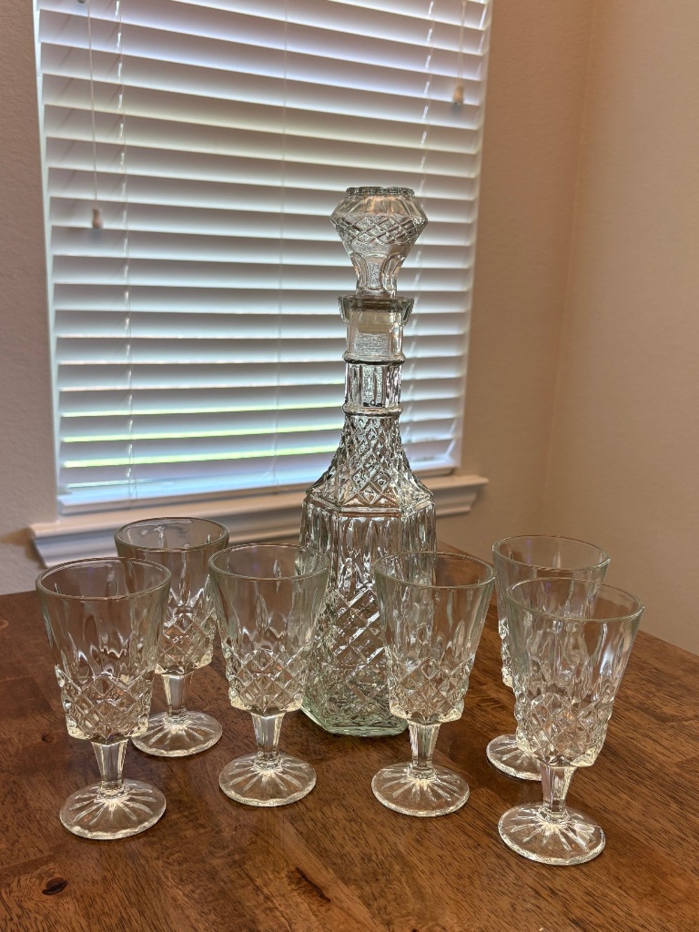 Vintage 7-piece cut glass decanter and wine glass set